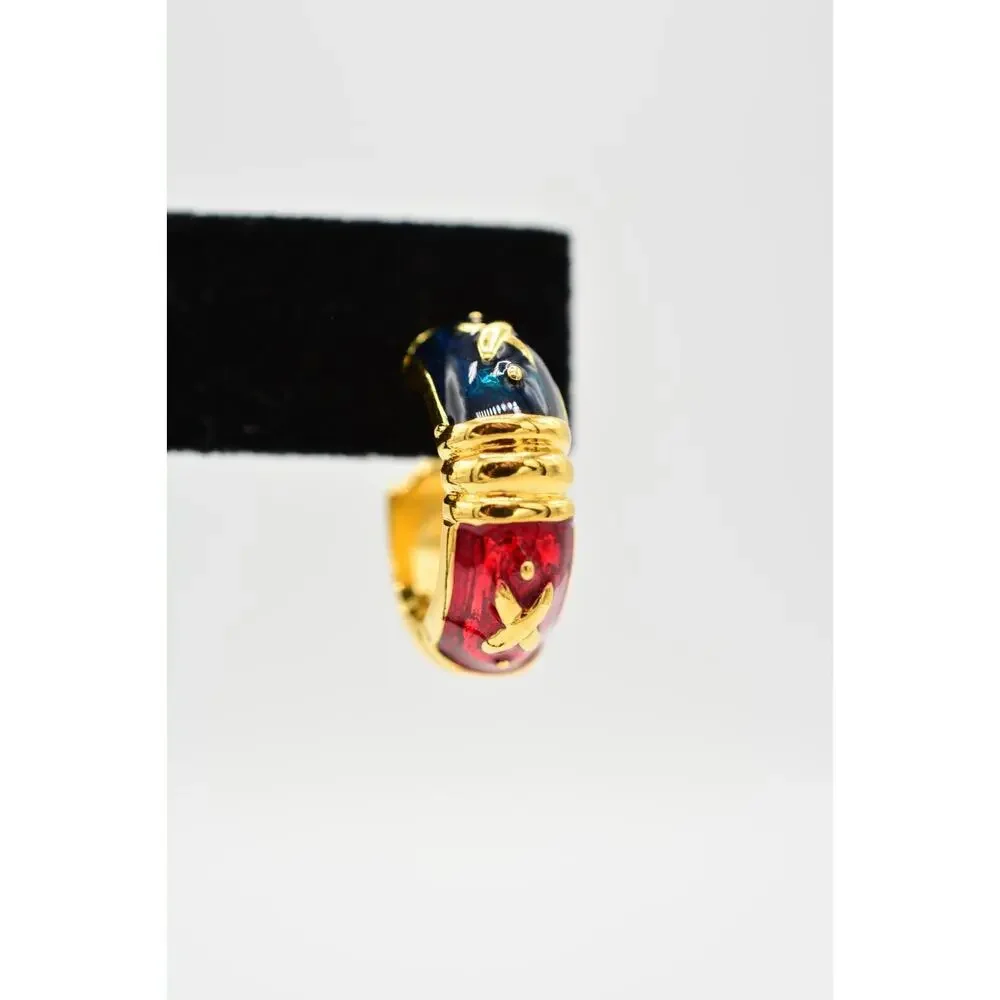 Joan Rivers Vintage Earrings Demi Hoops Blue Red Green Enamel Gold Signed 9H